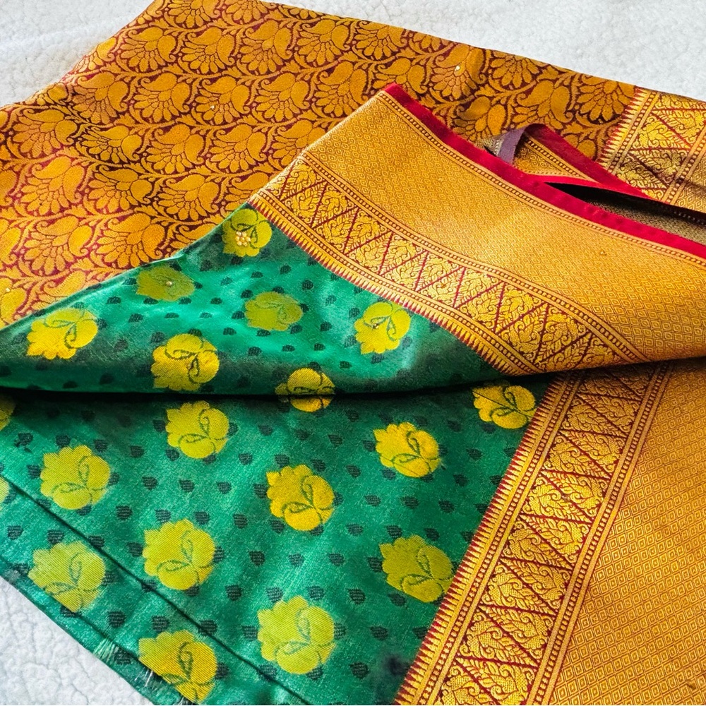 Vibrant Green and Gold Floral Fabric